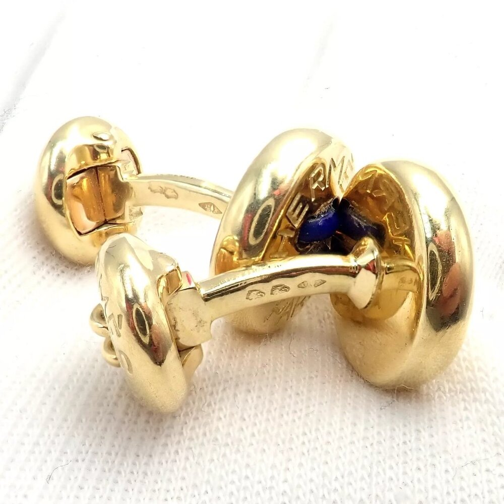 Rare! Vintage Authentic Hermes Paris 18k Yellow Gold Mens Lapis Button Cufflinks - Picture 9 of 11